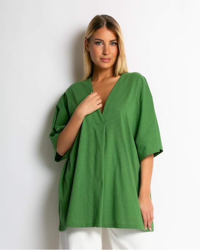 Μπλούζα ζαπονέ oversized με "V" και πιέτα μπροστά λαδί Μπλούζα ζαπονέ oversized με "V" και πιέτα μπροστά λαδί