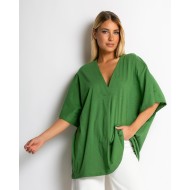 Μπλούζα ζαπονέ oversized με "V" και πιέτα μπροστά λαδί
