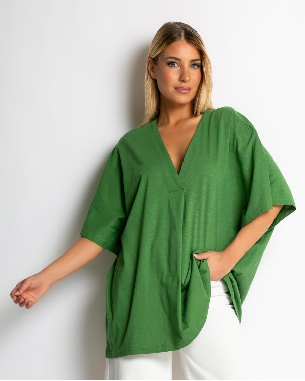 Μπλούζα ζαπονέ oversized με "V" και πιέτα μπροστά λαδί