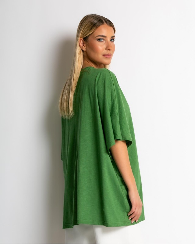 Μπλούζα ζαπονέ oversized με "V" και πιέτα μπροστά λαδί Μπλούζα ζαπονέ oversized με "V" και πιέτα μπροστά λαδί