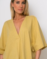 Μπλούζα ζαπονέ oversized με "V" και πιέτα μπροστά κίτρινο