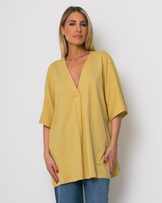 Μπλούζα ζαπονέ oversized με "V" και πιέτα μπροστά κίτρινο