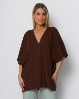 Μπλούζα ζαπονέ oversized με "V" και πιέτα μπροστά chocolat