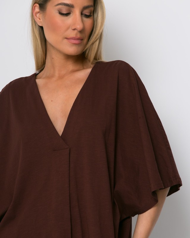 Μπλούζα ζαπονέ oversized με "V" και πιέτα μπροστά chocolat