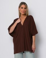 Μπλούζα ζαπονέ oversized με "V" και πιέτα μπροστά chocolat