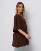 Μπλούζα ζαπονέ oversized με "V" και πιέτα μπροστά chocolat