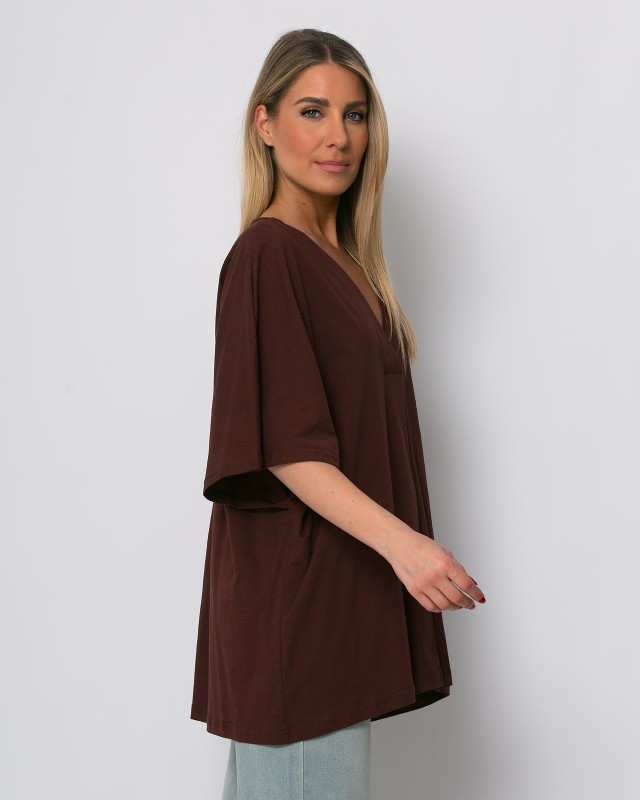 Μπλούζα ζαπονέ oversized με "V" και πιέτα μπροστά chocolat