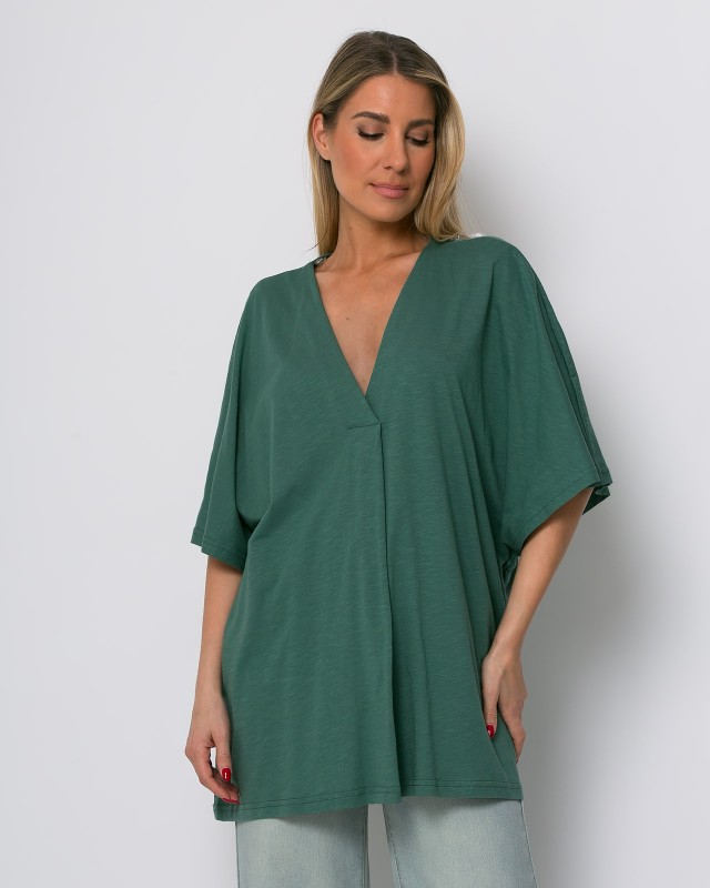 Μπλούζα ζαπονέ oversized με "V" και πιέτα μπροστά βεραμάν