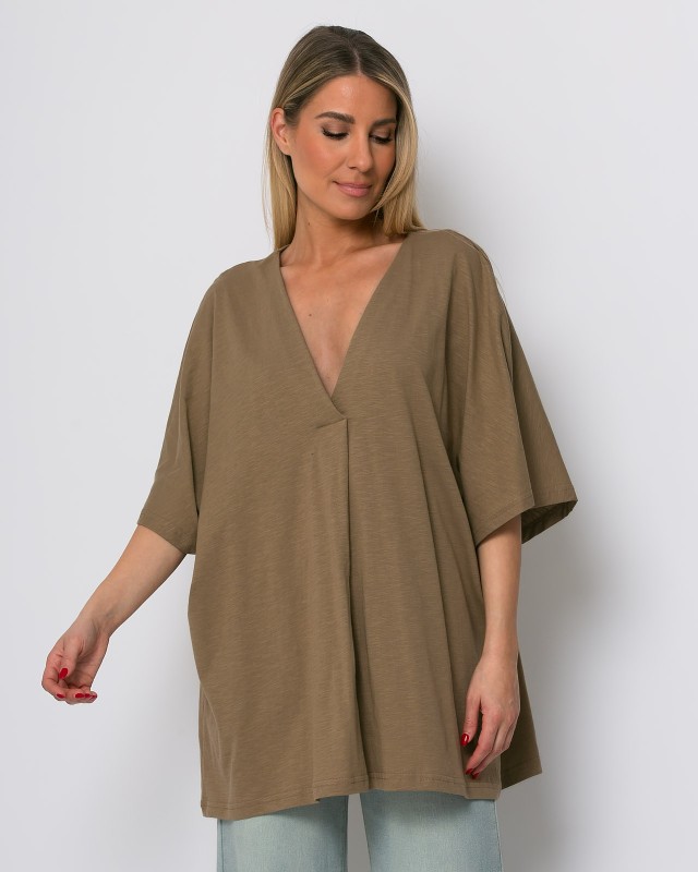 Μπλούζα ζαπονέ oversized με "V" και πιέτα μπροστά sand