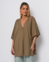 Μπλούζα ζαπονέ oversized με "V" και πιέτα μπροστά sand