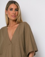 Μπλούζα ζαπονέ oversized με "V" και πιέτα μπροστά sand