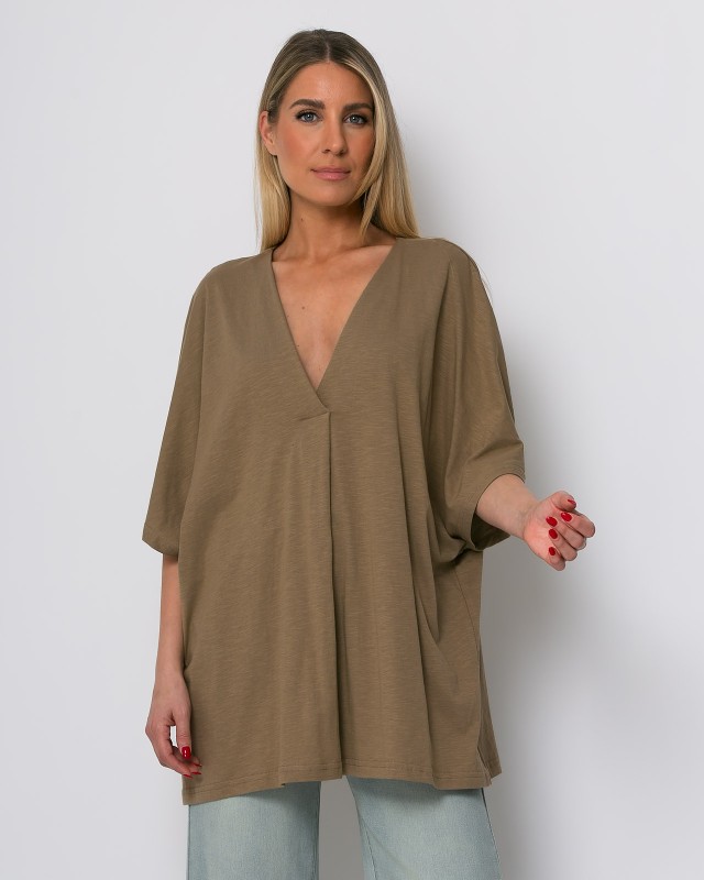 Μπλούζα ζαπονέ oversized με "V" και πιέτα μπροστά sand