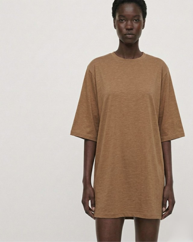 Μπλούζα κοντομάνικη βαμβακερή oversized ταμπά
