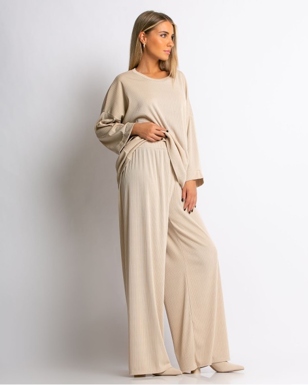 Σετ μπλούζα με μακρύ μανίκι και παντελόνα με λάστιχο μπεζ