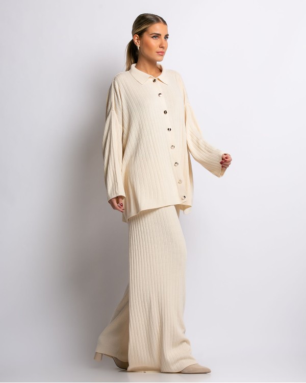 Σετ πλεκτό πουκάμισο με κουμπιά και παντελόνα εκρού