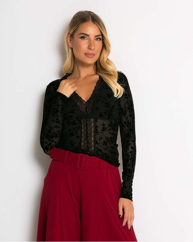 Μπλούζα με ημιδιαφάνεια και δαντέλα μαύρο