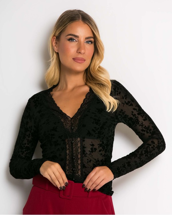 Μπλούζα με ημιδιαφάνεια και δαντέλα μαύρο
