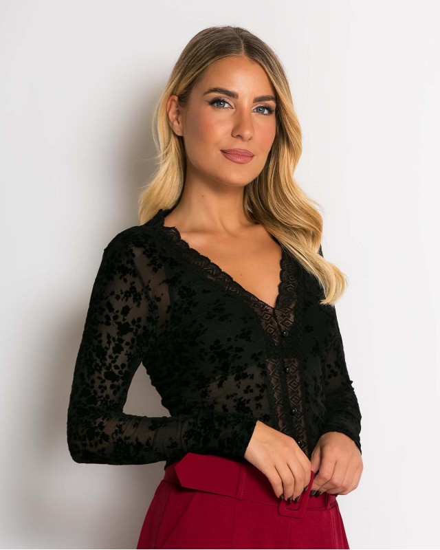 Μπλούζα με ημιδιαφάνεια και δαντέλα μαύρο
