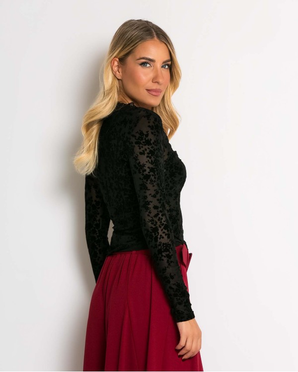 Μπλούζα με ημιδιαφάνεια και δαντέλα μαύρο