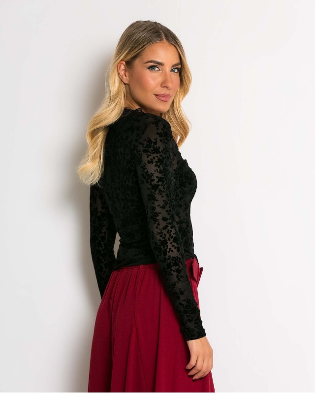 Μπλούζα με ημιδιαφάνεια και δαντέλα μαύρο