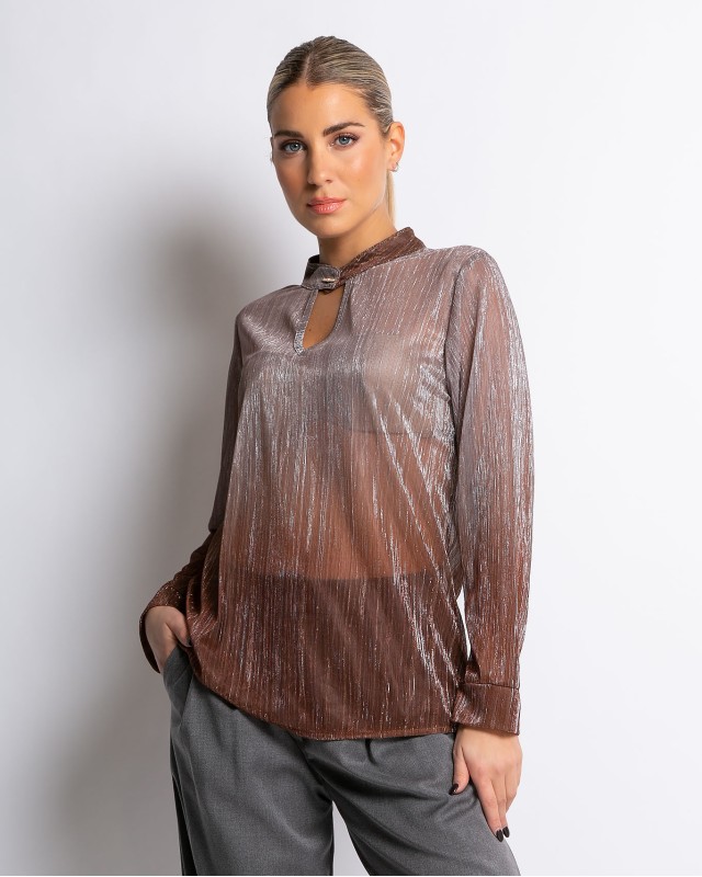 Μπλούζα με λάμψη και άνοιγμα στο ντεκολτέ καφέ