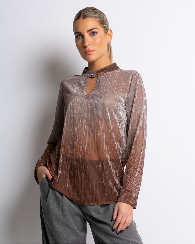 Μπλούζα με λάμψη και άνοιγμα στο ντεκολτέ καφέ
