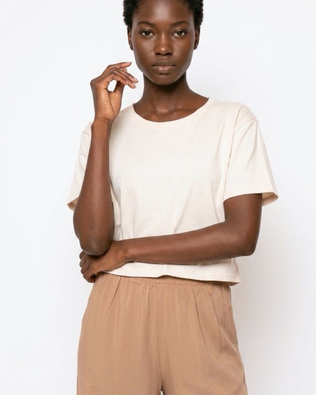 Crop top κοντομάνικο cream