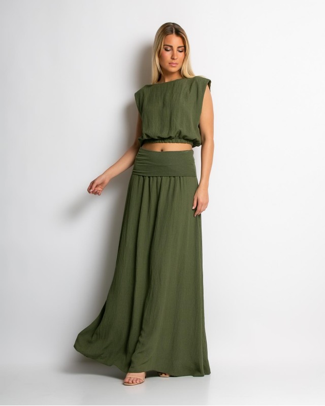 Σετ crop & φούστα με lurex λεπτομέρειες χακί Σετ crop & φούστα με lurex λεπτομέρειες χακί