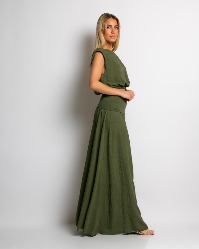 Σετ crop & φούστα με lurex λεπτομέρειες χακί Σετ crop & φούστα με lurex λεπτομέρειες χακί
