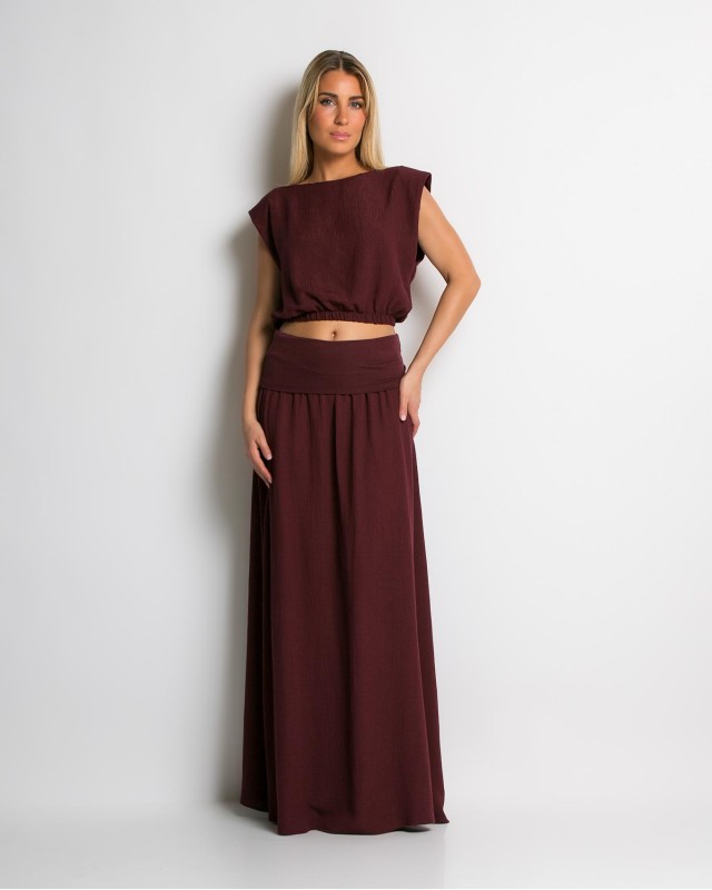 Σετ crop & φούστα με lurex λεπτομέρειες μπορντώ Σετ crop & φούστα με lurex λεπτομέρειες μπορντώ