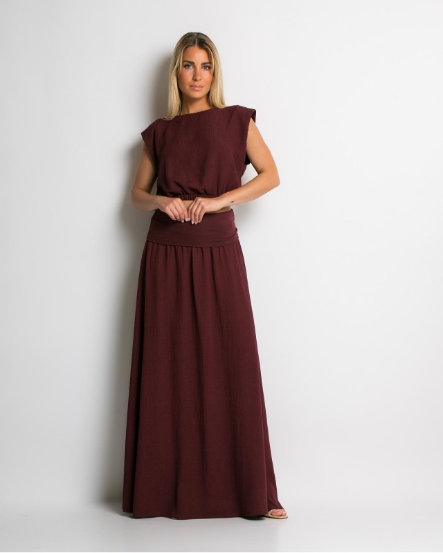 Σετ crop & φούστα με lurex λεπτομέρειες μπορντώ Σετ crop & φούστα με lurex λεπτομέρειες μπορντώ