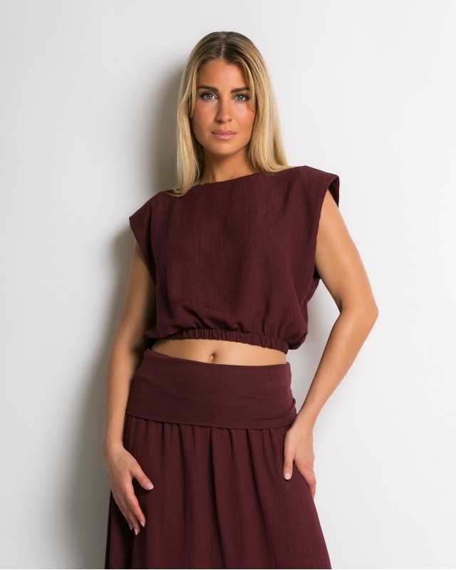 Σετ crop & φούστα με lurex λεπτομέρειες μπορντώ Σετ crop & φούστα με lurex λεπτομέρειες μπορντώ