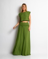 Σετ crop & φούστα με lurex λεπτομέρειες λαδί Σετ crop & φούστα με lurex λεπτομέρειες λαδί