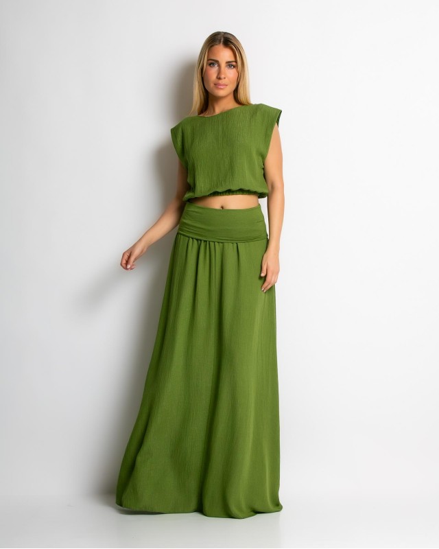 Σετ crop & φούστα με lurex λεπτομέρειες λαδί Σετ crop & φούστα με lurex λεπτομέρειες λαδί