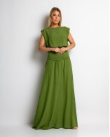 Σετ crop & φούστα με lurex λεπτομέρειες λαδί Σετ crop & φούστα με lurex λεπτομέρειες λαδί