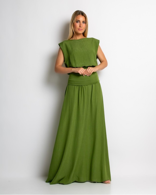 Σετ crop & φούστα με lurex λεπτομέρειες λαδί Σετ crop & φούστα με lurex λεπτομέρειες λαδί