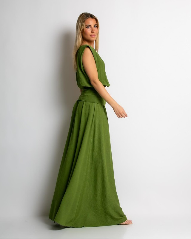 Σετ crop & φούστα με lurex λεπτομέρειες λαδί Σετ crop & φούστα με lurex λεπτομέρειες λαδί