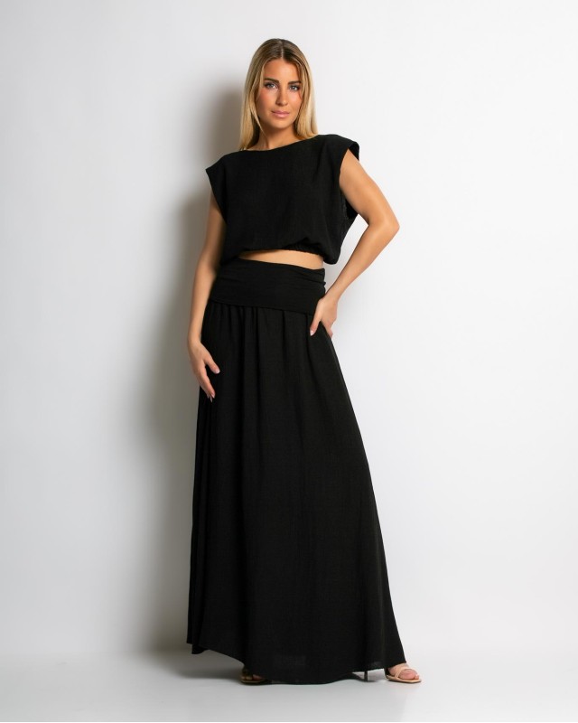 Σετ crop top & φούστα με lurex λεπτομέρειες μαύρο Σετ crop top & φούστα με lurex λεπτομέρειες μαύρο