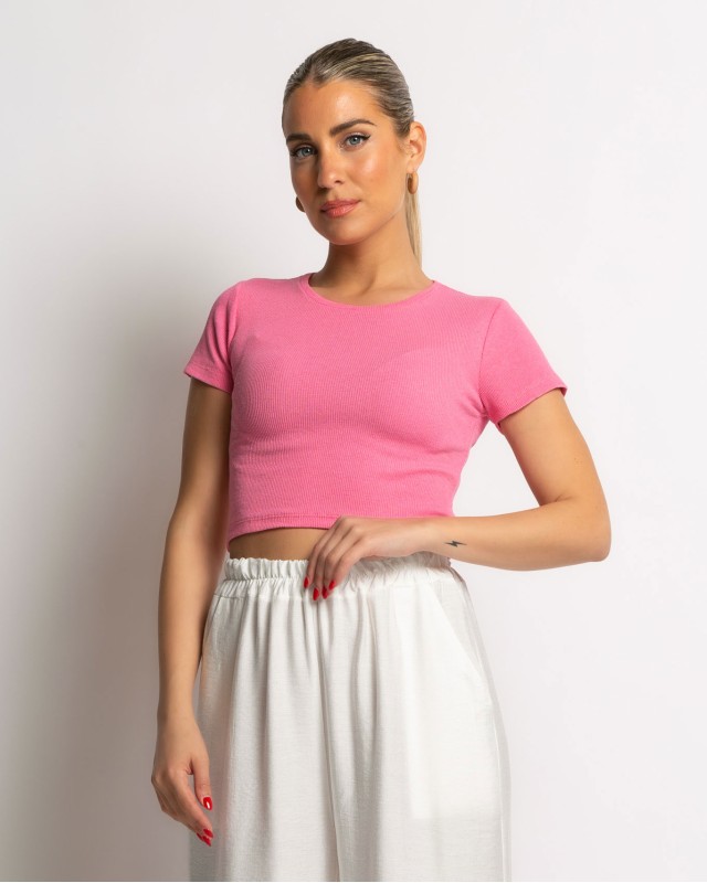 Μπλούζα crop με κλειστή λαιμόκοψη ροζ Μπλούζα crop με κλειστή λαιμόκοψη ροζ