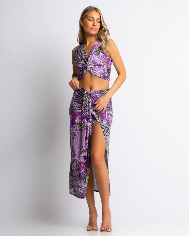 Σετ crop top και φούστα με άνοιγμα λαχούρια μωβ