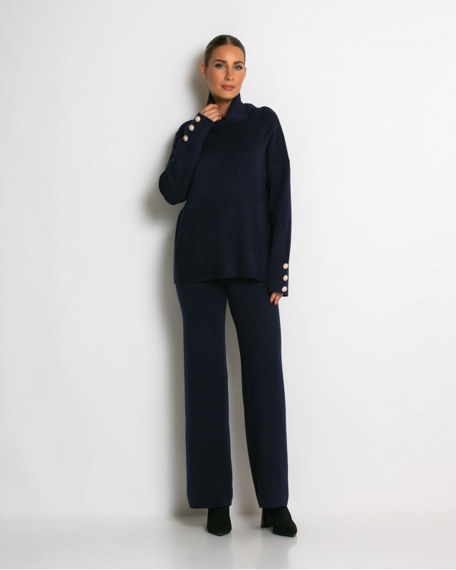 Σετ πλεκτό ζιβάγκο με κουμπιά στα μανίκια & παντελόνι navy