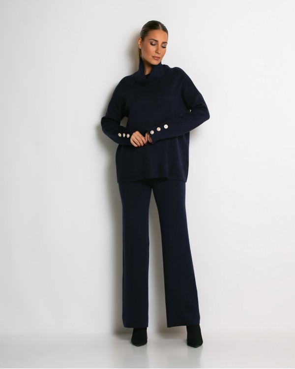 Σετ πλεκτό ζιβάγκο με κουμπιά στα μανίκια & παντελόνι navy