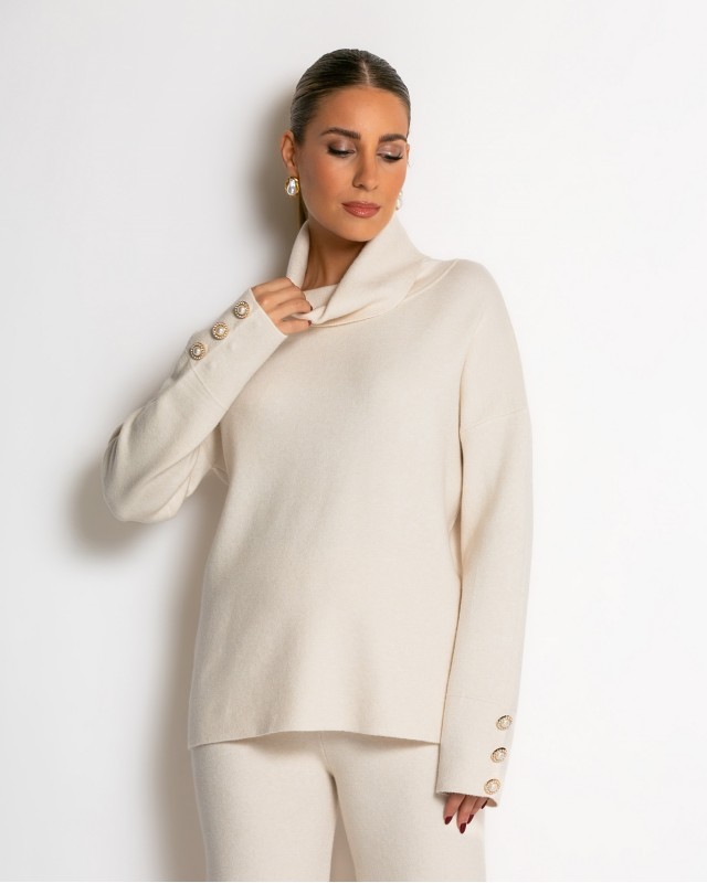 Σετ πλεκτό ζιβάγκο με κουμπιά στα μανίκια & παντελόνι cream