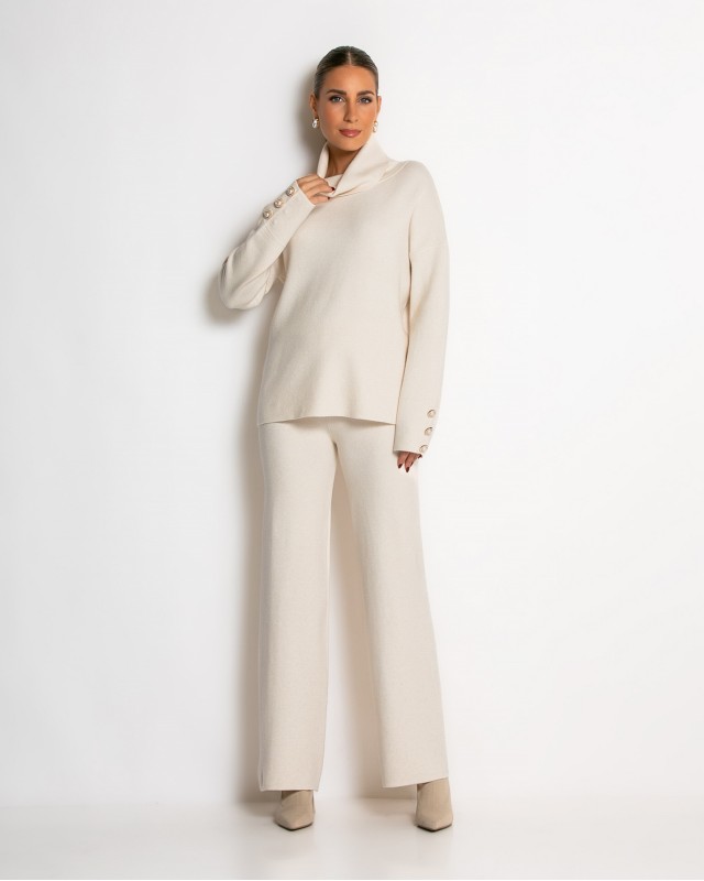 Σετ πλεκτό ζιβάγκο με κουμπιά στα μανίκια & παντελόνι cream