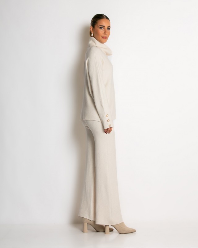 Σετ πλεκτό ζιβάγκο με κουμπιά στα μανίκια & παντελόνι cream