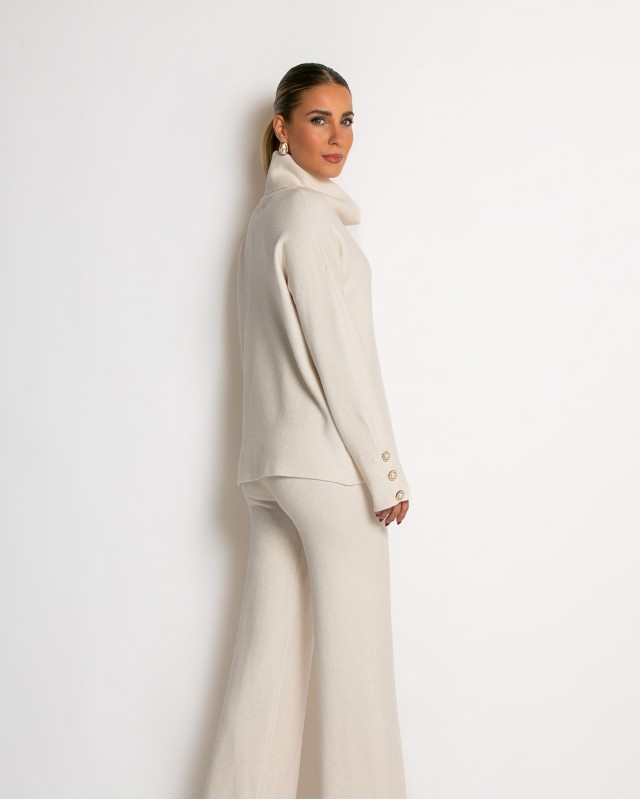 Σετ πλεκτό ζιβάγκο με κουμπιά στα μανίκια & παντελόνι cream