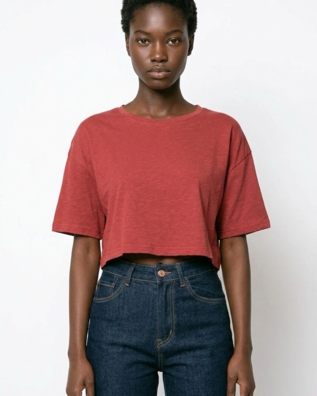 Crop-top κοντομάνικο κεραμιδί