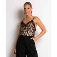 Μπλούζα τιράντα με δαντέλα λεοπάρ μαύρη