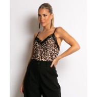 Μπλούζα τιράντα με δαντέλα λεοπάρ μαύρη