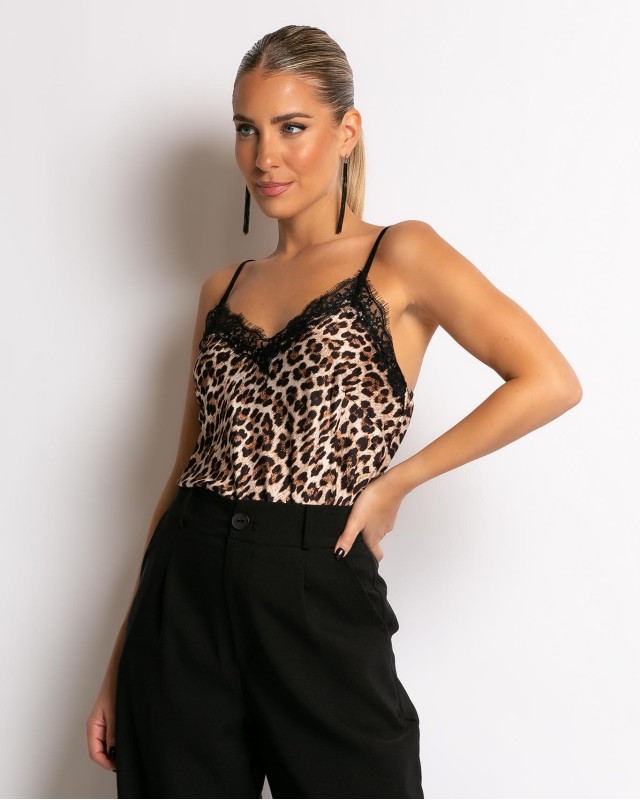 Μπλούζα τιράντα με δαντέλα λεοπάρ μαύρη